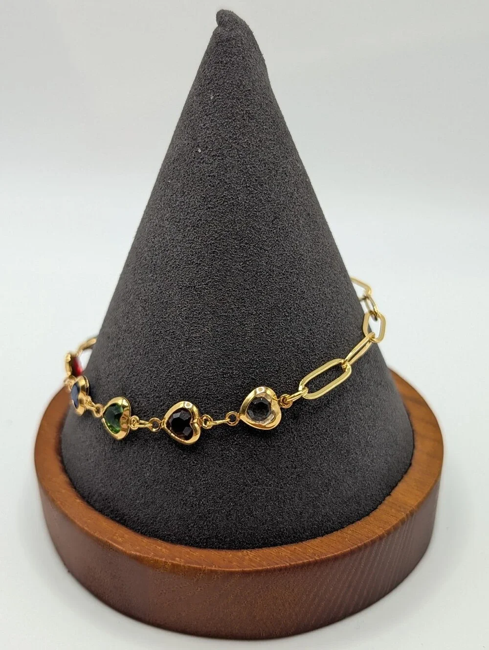 18k Gold-Plate Paperclip chain Rainbow Heart Gem Bracelet Asymmetrical - Picture 2 of 4